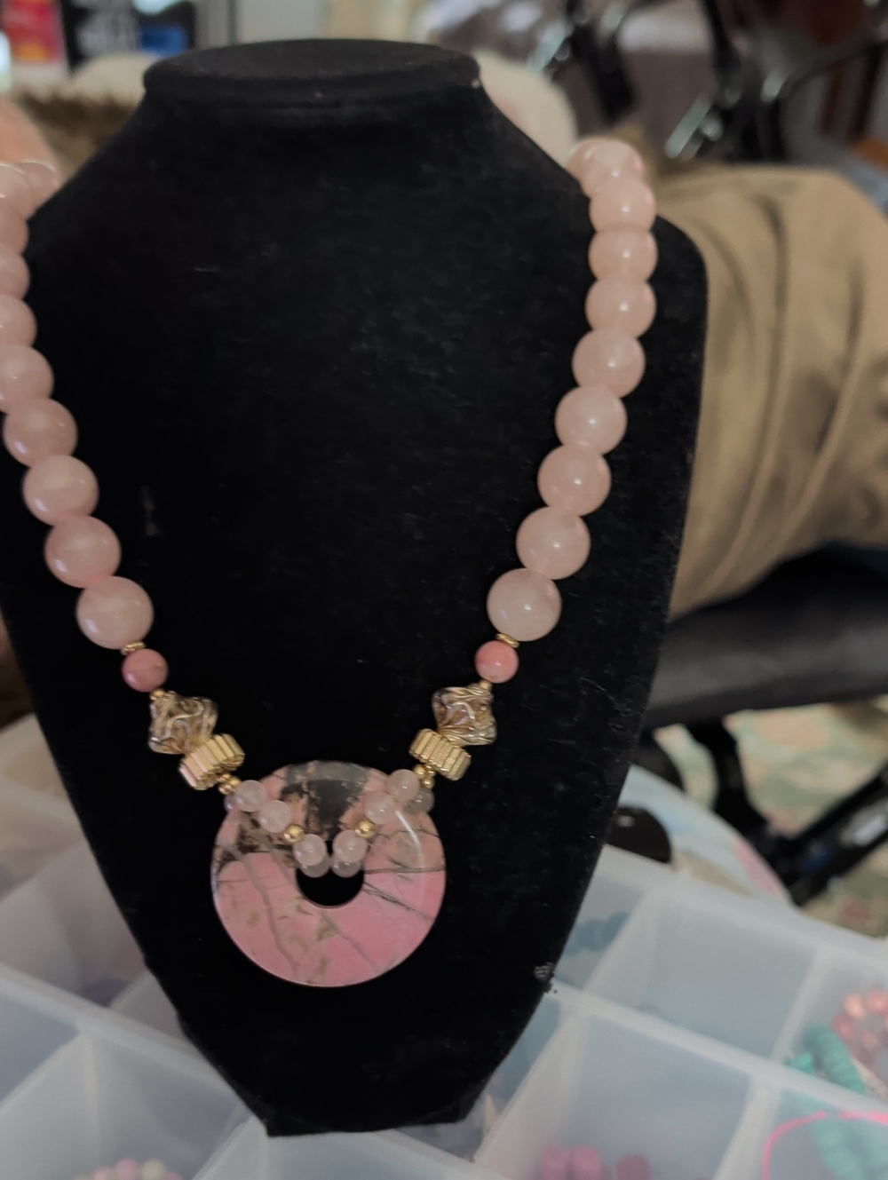 Pink Beaded Statement Necklace with Marbled Pendant